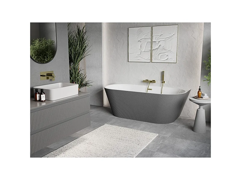 Mexen Oris vasca da bagno freestanding a parete scanalata 150 x 75 cm, bianca/grigia, troppo pieno dorato spazzolato