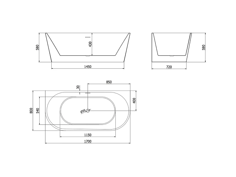 Mexen Oval baignoire autoportante adossée 170 x 80 cm, blanc/noir, trop-plein blanc - 52671708075-20