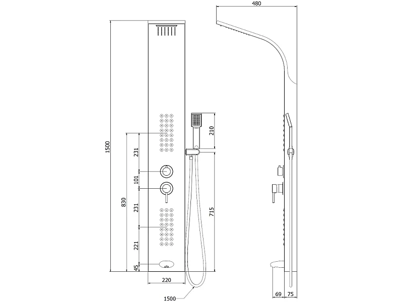Mexen Ardo tuš panel z izlivom, črn - 7617-04-70