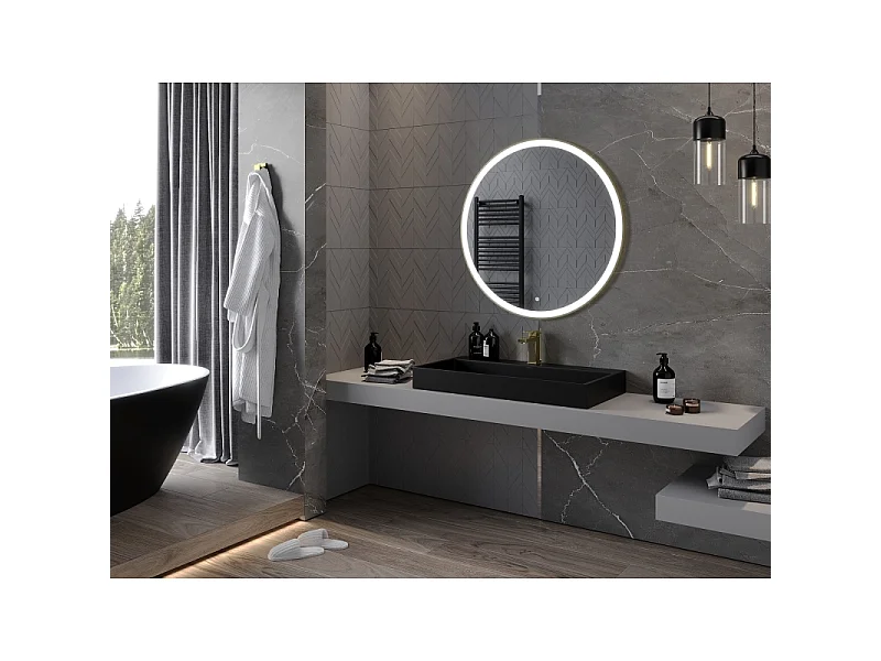 Mexen Esso beleuchteter Badezimmerspiegel, rund 90 cm, LED 6000K, Antibeschlag, goldener Rahmen - 9825-090-090-611-50