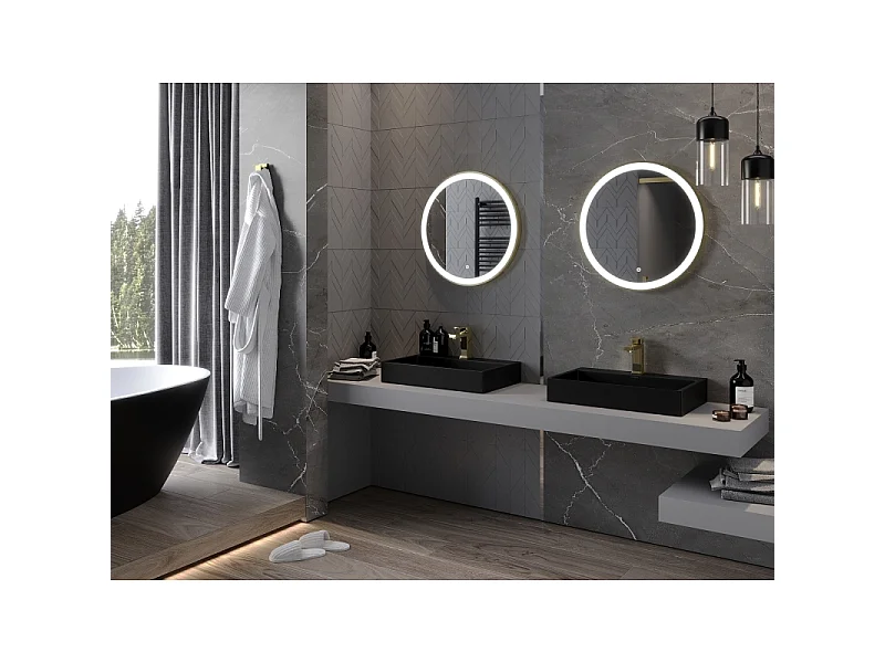 Mexen Esso beleuchteter Badezimmerspiegel, rund 60 cm, LED 6000K, Antibeschlag, goldener Rahmen - 9825-060-060-611-50