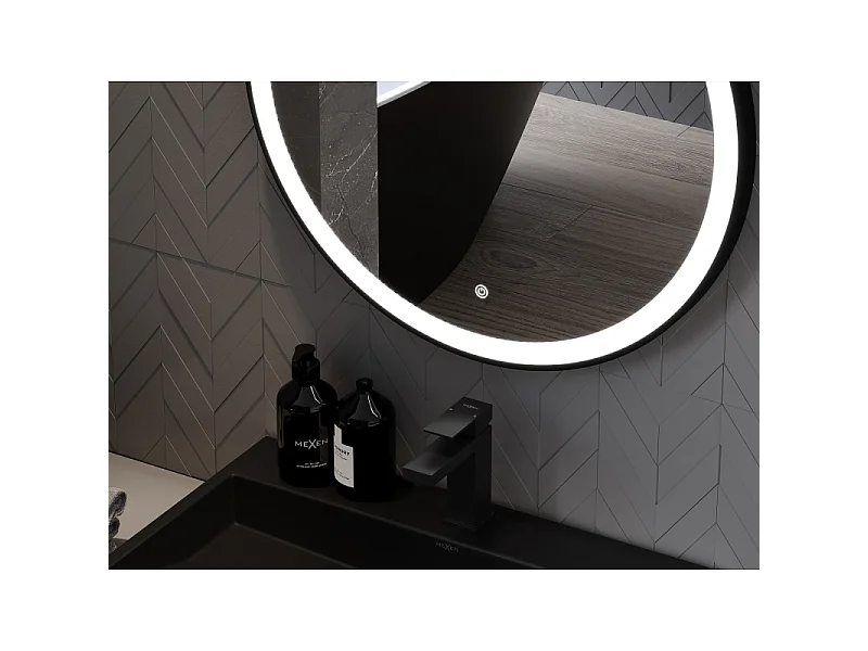 Mexen Esso miroir de salle de bain éclairé, rond 80 cm, LED 6000K, anti-buée, cadre noir - 9825-080-080-611-70