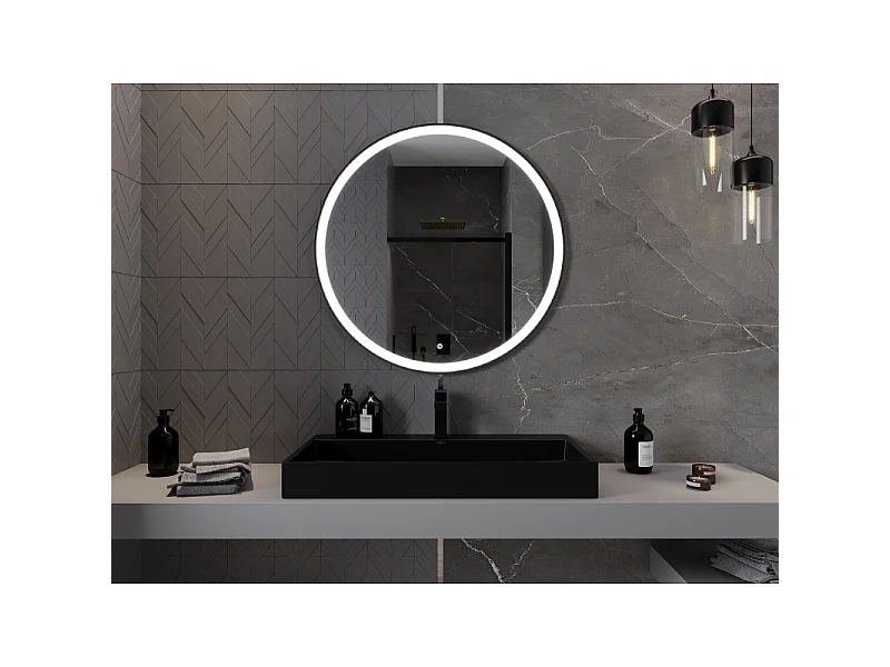 Mexen Esso miroir de salle de bain éclairé, rond 90 cm, LED 6000K, anti-buée, cadre noir - 9825-090-090-611-70