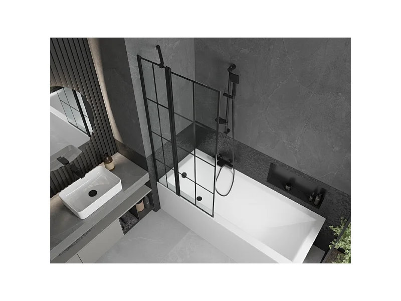 Mexen Flip 2-panel bath screen 80 x 150 cm, black grid, black - 894-080-101-70-77