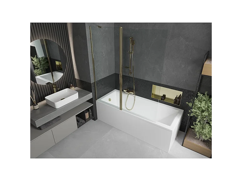 Mexen Flip mampara de bañera de 2 paneles 140 x 150 cm, transparente, dorado - 894-140-101-50-00