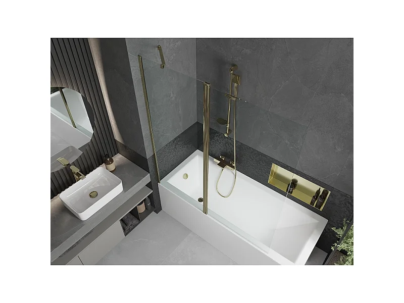 Mexen Flip mampara de bañera de 2 paneles 140 x 150 cm, transparente, dorado - 894-140-101-50-00