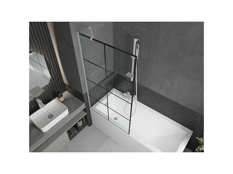Mexen Next 1-panel Bath Screen 90 x 150 cm, Black Grid, White - 895-090-000-00-77-20
