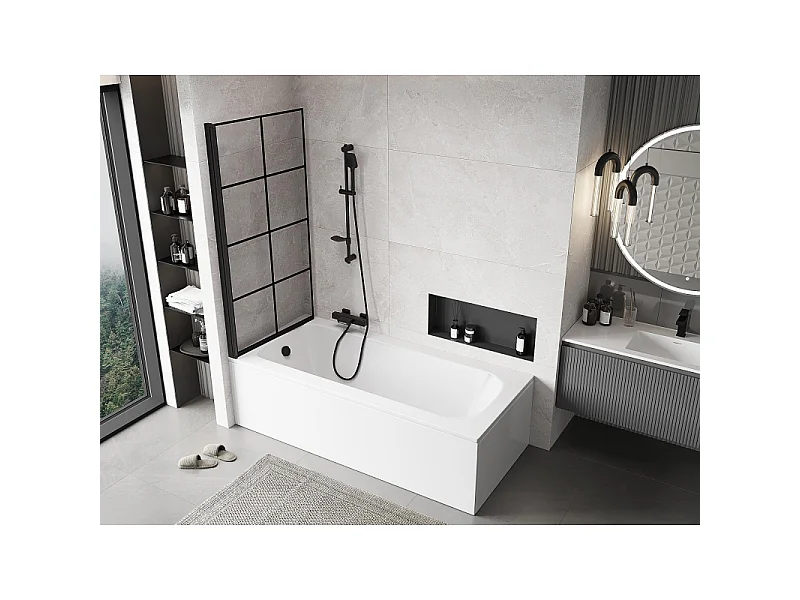 Mexen Mist paroi de baignoire à 1 volet gauche 90 x 150 cm, grille noire, noir - 8A9-090-001-70-77-L