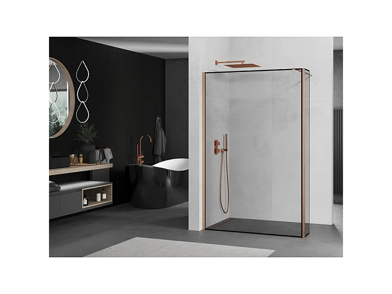 Mexen Kioto painel de chuveiro Walk-in 140 x 40 cm, moldura preta, cobre escovado - 800-140-212-65-70-040