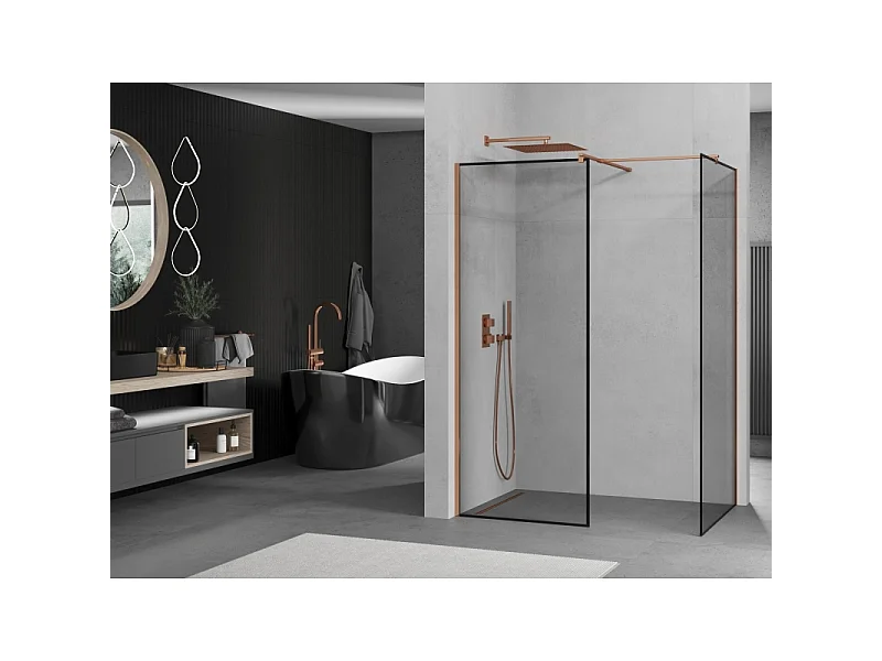 Mexen Kioto Duschwand Walk-in 130 x 90 cm, schwarzer Rahmen, Roségold - 800-130-202-60-70-090