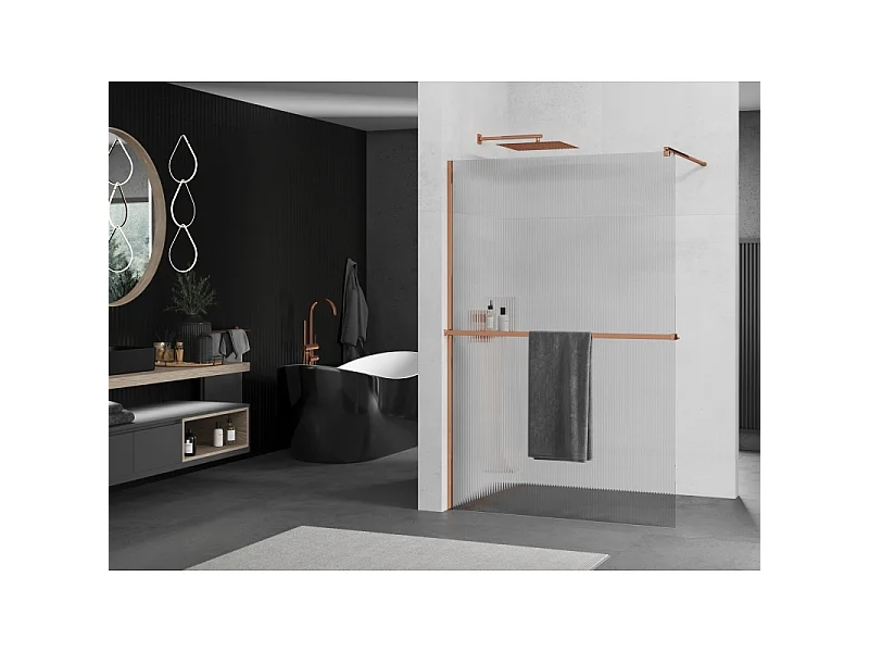 Mexen Kioto+ paroi de douche avec étagère Walk-in 130 x 200 cm, rayures, or rose - 800-130-121-60-09