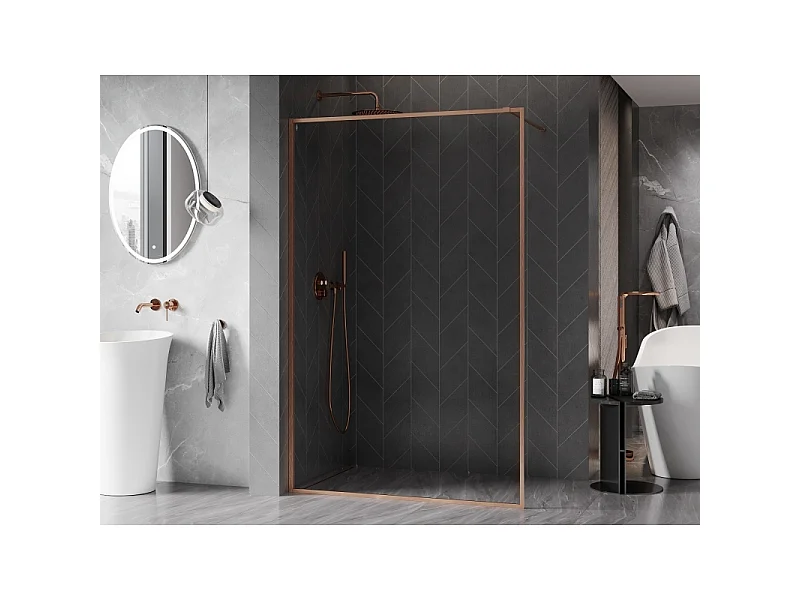 Mexen Kioto-XF parede de duche Walk-in com moldura 150 x 202 cm, transparente 10 mm, cobre escovado - 800-150-104-65-00-X