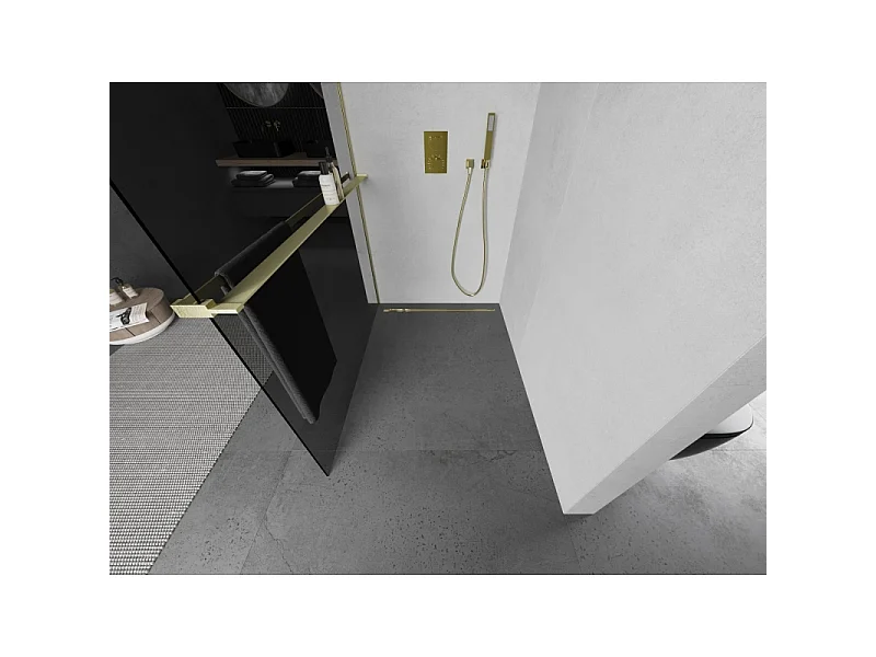 Mexen Kioto+ L tuš stena s polico Walk-in 120 x 200 cm, grafit, zlato brušeno - 800-120-123-55-40
