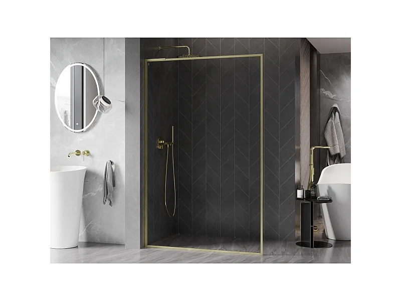 Mexen Kioto-XF L parede de duche Walk-in com moldura 90 x 202 cm, transparente 10 mm, ouro escovado - 800-090-174-55-00-XF