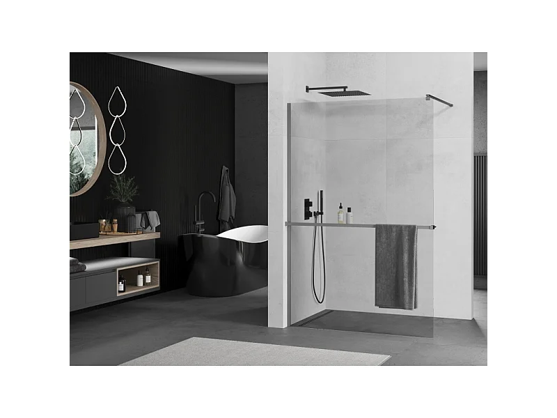 Mexen Kioto+ brusevæg med hylde Walk-in 85 x 200 cm, transparent, gunsmoke - 800-085-121-95-00