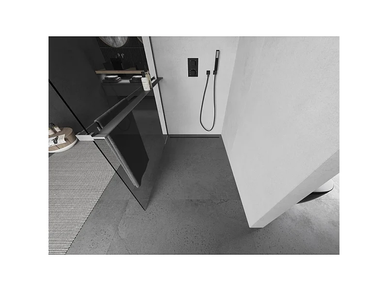 Mexen Kioto+ brusevæg med hylde Walk-in 85 x 200 cm, transparent, gunsmoke - 800-085-121-95-00