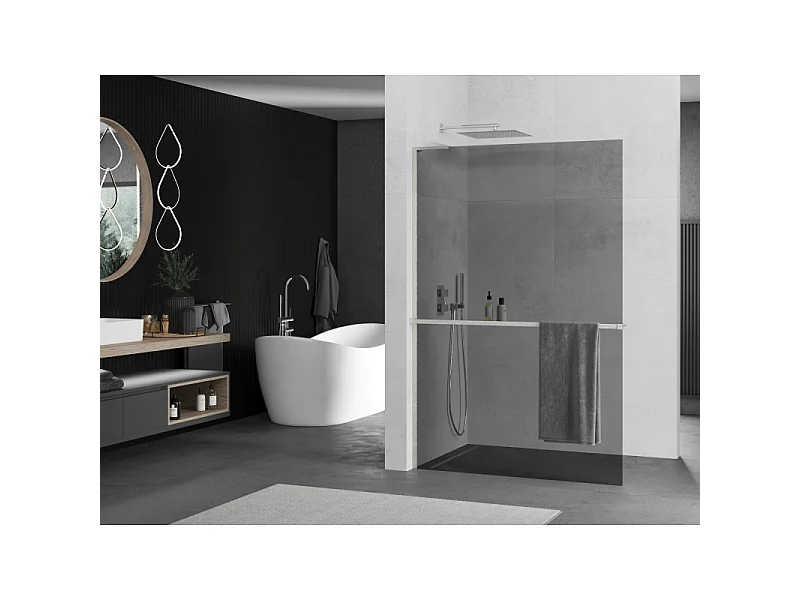 Mexen Kioto+ L paroi de douche avec étagère Walk-in 70 x 200 cm, graphite, nickel brossé - 800-070-123-97-40