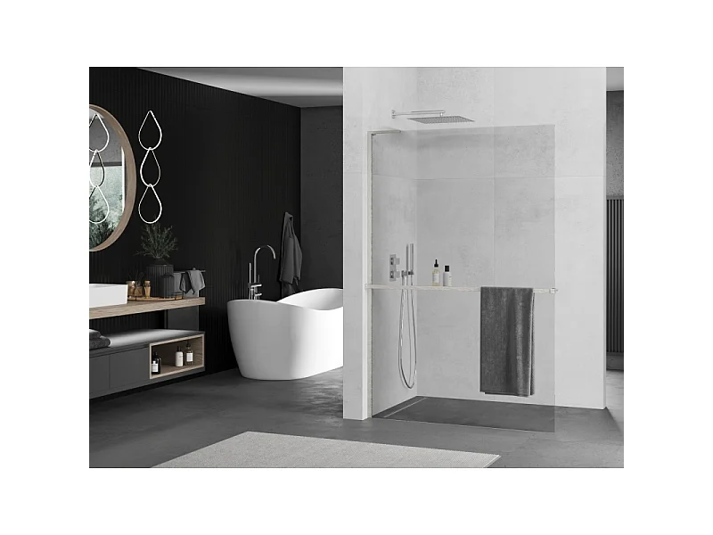 Mexen Kioto+ L paroi de douche avec étagère Walk-in 115 x 200 cm, transparent, nickel brossé - 800-115-123-97-00
