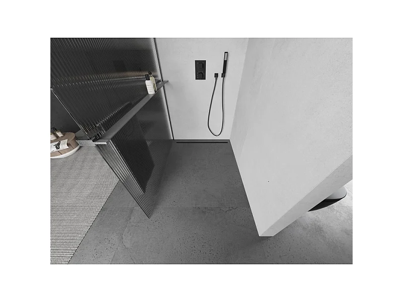 Mexen Kioto+ tuš stena s polico Walk-in 130 x 200 cm, črte, brušeno sivo - 800-130-121-66-09