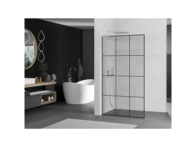 Mexen Kioto L panel de ducha Walk-in 100 x 200 cm, rejilla negra, cromo - 800-100-103-01-77