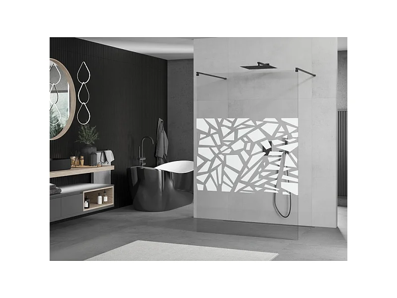 Mexen Kioto fritstående brusevæg 100 x 200 cm, hvidt mønster 8 mm, sort - 800-100-002-70-85