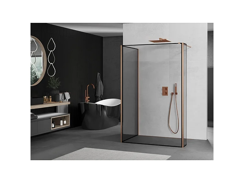 Mexen Kioto brusevæg Walk-in 140 x 110 x 40 cm, sort ramme, børstet kobber - 800-140-110-221-65-70-040