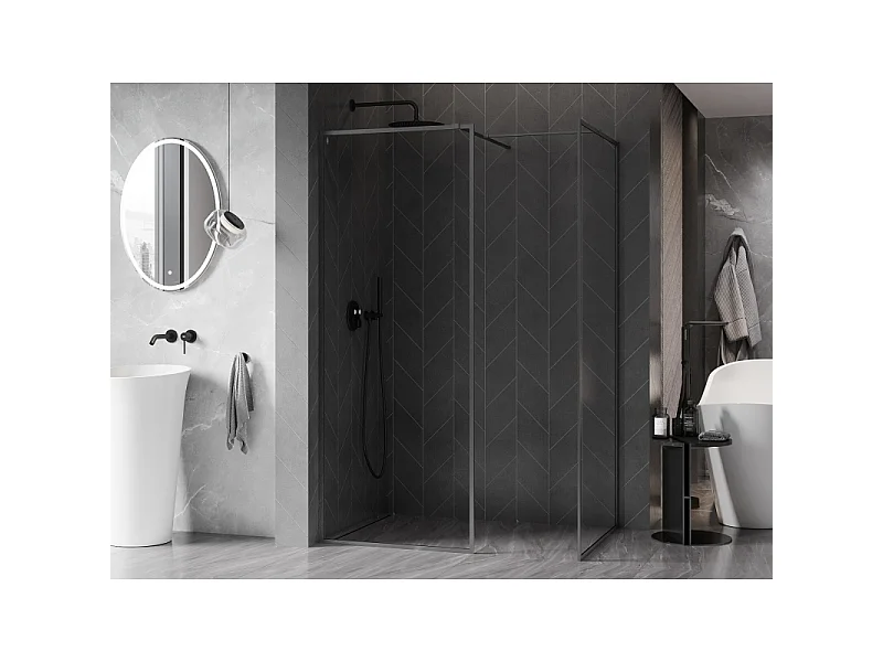 Mexen Kioto-F Walk-in Shower Wall with Frame 145 x 80 cm, Transparent 8 mm, Brushed Gun Gray - 800-145-202-04-66-080