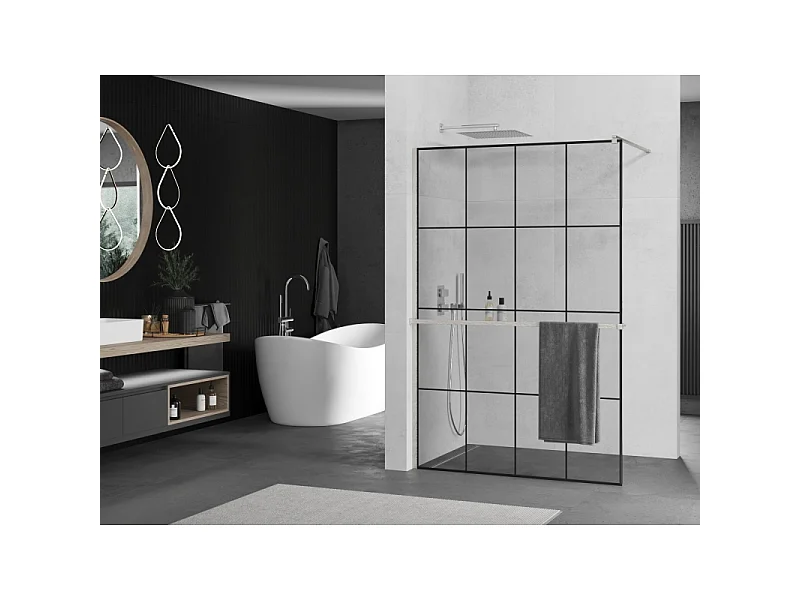 Mexen Kioto+ brusevæg med hylde Walk-in 130 x 200 cm, sort gitter, børstet nikkel - 800-130-121-97-77
