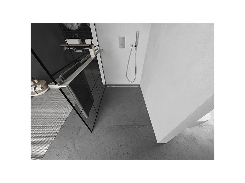 Mexen Kioto+ brusevæg med hylde Walk-in 130 x 200 cm, sort gitter, børstet nikkel - 800-130-121-97-77