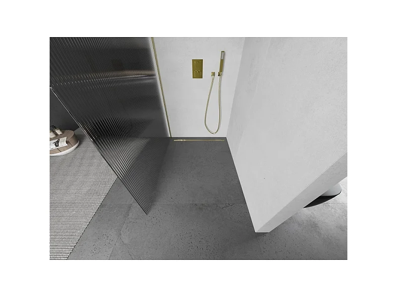 Mexen Kioto paroi de douche Walk-in 140 x 200 cm, rayures 8 mm, or brossé - 800-140-101-55-09