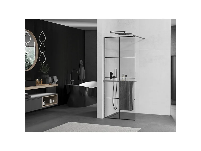Mexen Kioto+ brusevæg med hylde Walk-in 90 x 200 cm, sort gitter, børstet gun gray - 800-090-121-66-77