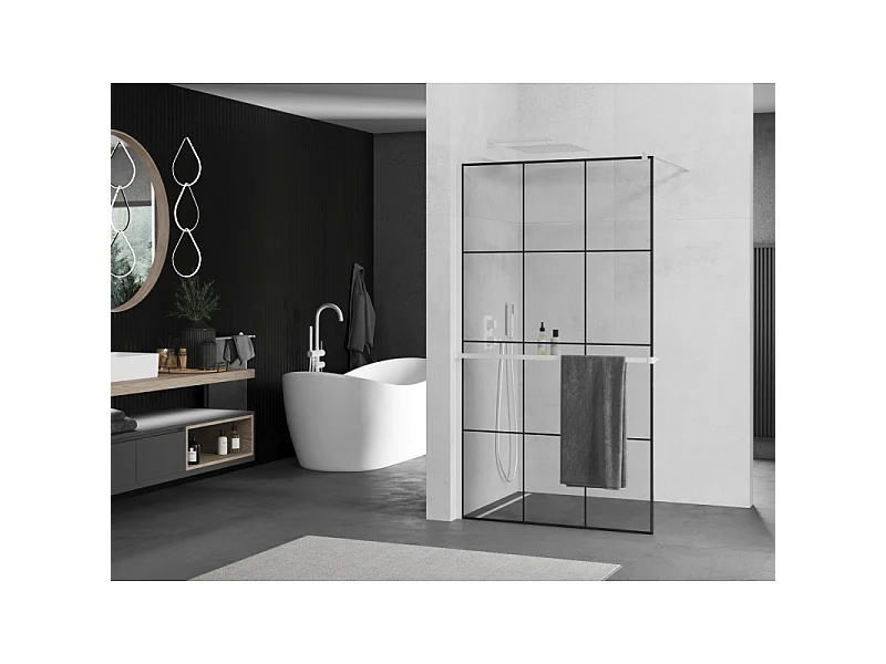 Mexen Kioto+ Duschwand mit Ablage Walk-in 110 x 200 cm, schwarzes Gitter, weiß - 800-110-121-20-77