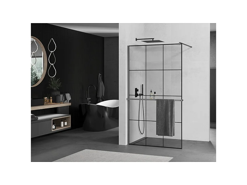 Mexen Kioto+ parete doccia con mensola Walk-in 110 x 200 cm, griglia nera, metallo canna di fucile - 800-110-121-95-77