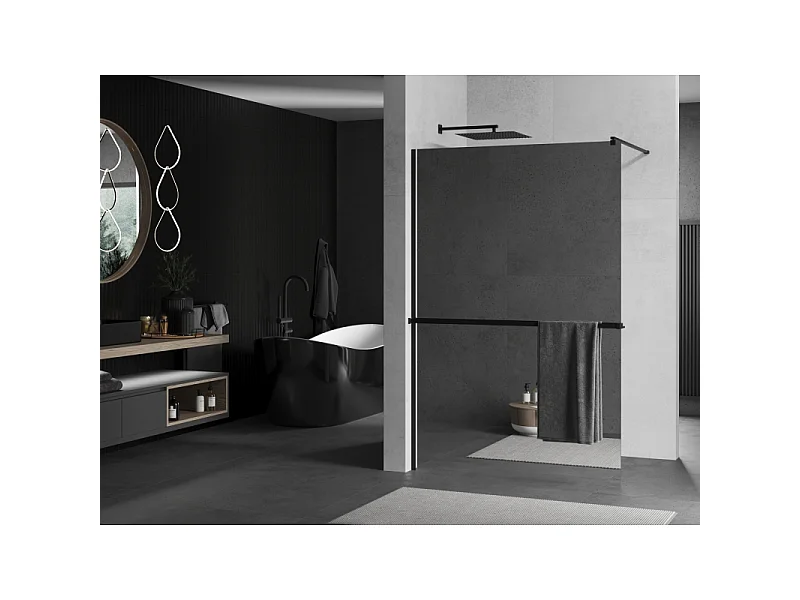 Mexen Kioto+ parede de duche com prateleira Walk-in 100 x 200 cm, espelho, preto - 800-100-121-70-50