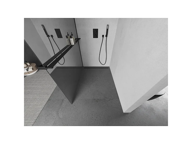 Mexen Kioto+ parede de duche com prateleira Walk-in 100 x 200 cm, espelho, preto - 800-100-121-70-50