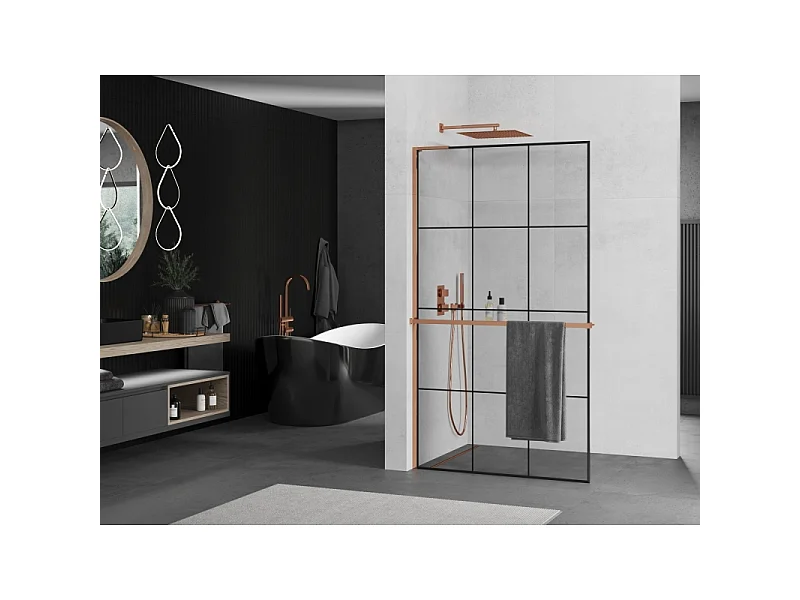 Mexen Kioto+ L douchewand met plank Walk-in 110 x 200 cm, zwart raster, roze goud - 800-110-123-60-77
