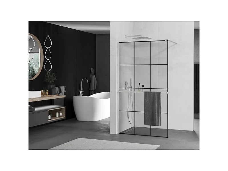 Mexen Kioto+ prhačna stena z polico Walk-in 120 x 200 cm, črna rešetka, brušen nikel - 800-120-121-97-77