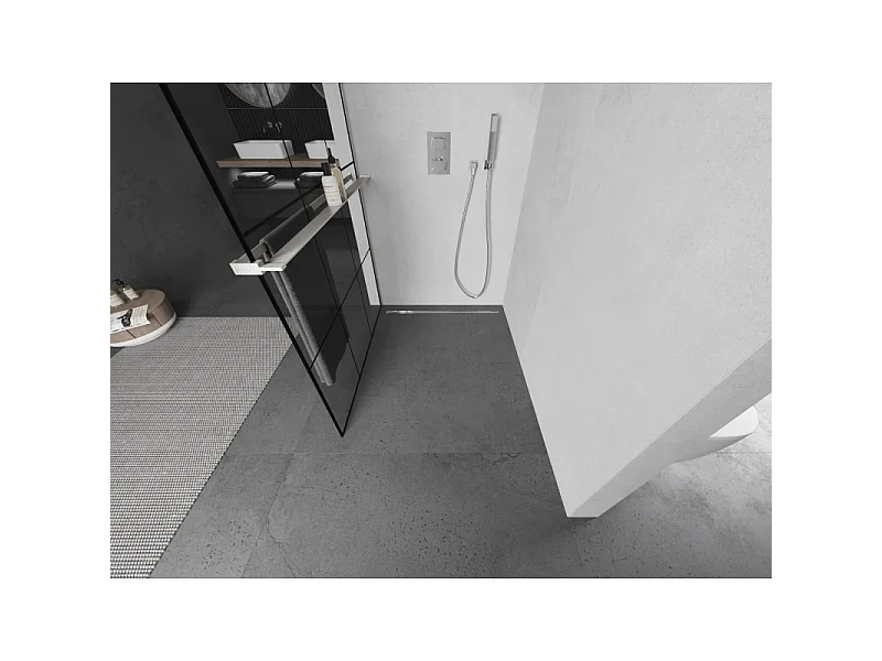 Mexen Kioto+ prhačna stena z polico Walk-in 120 x 200 cm, črna rešetka, brušen nikel - 800-120-121-97-77