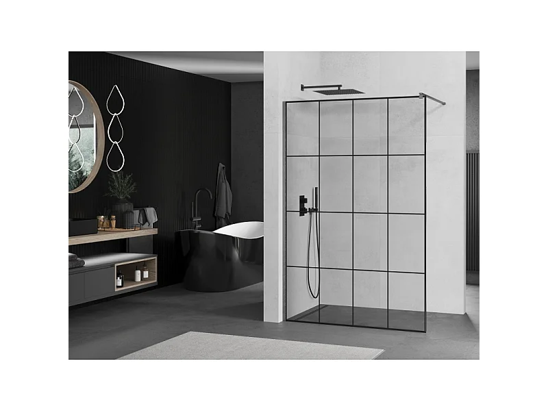 Mexen Kioto Walk-in Shower Wall 160 x 200 cm, Black Pattern 8 mm, Gun Gray Brushed - 800-160-101-66-77
