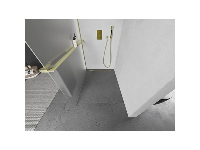 Mexen Kioto+ panneau de douche avec étagère Walk-in 70 x 200 cm, givré, or brossé - 800-070-121-55-30