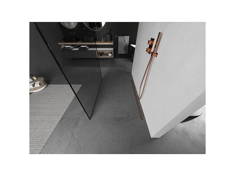 Mexen Kioto fritstående brusevæg 150 x 200 cm, sort ramme 8 mm, børstet kobber - 800-150-002-65-70
