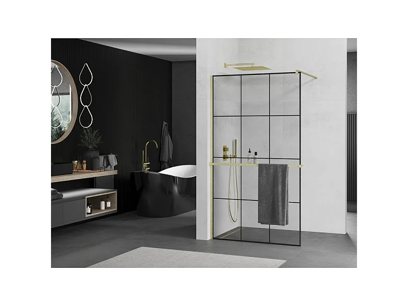 Mexen Kioto+ Duschwand mit Regal Walk-in 120 x 200 cm, schwarzes Gitter, gebürstetes Gold - 800-120-121-55-77