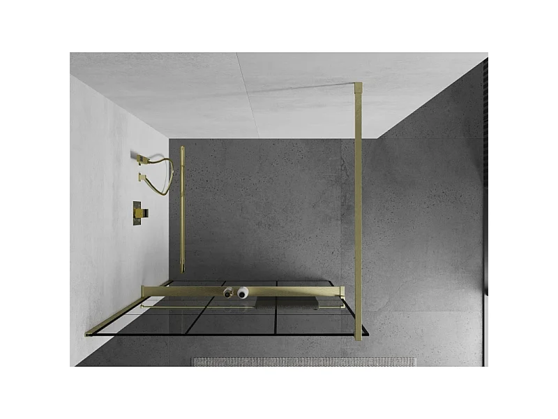 Mexen Kioto+ Duschwand mit Regal Walk-in 120 x 200 cm, schwarzes Gitter, gebürstetes Gold - 800-120-121-55-77