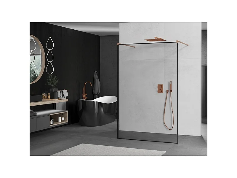 Mexen Kioto vrijstaande douchewand 140 x 200 cm, zwarte rand 8 mm, geborsteld koper - 800-140-002-65-70