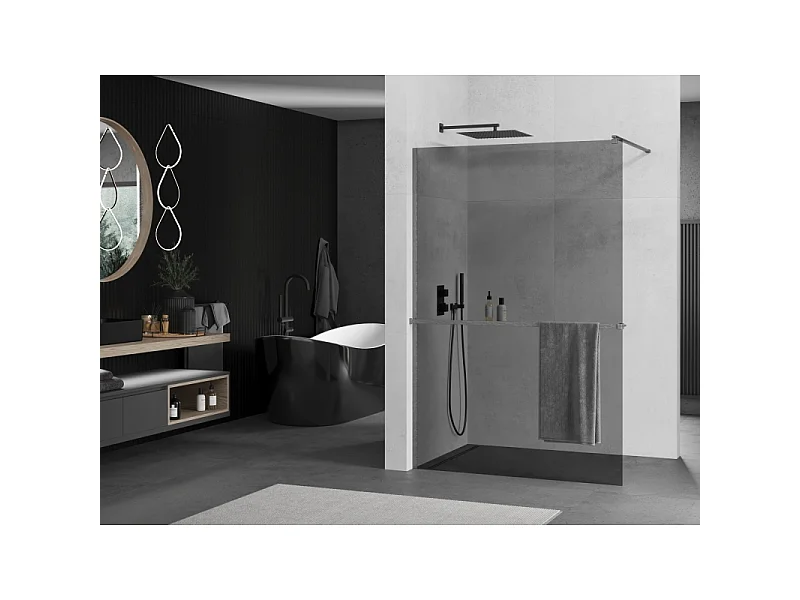 Mexen Kioto+ paroi de douche avec étagère Walk-in 70 x 200 cm, graphite, gris pistolet brossé - 800-070-121-66-40