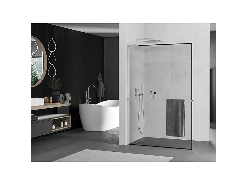Mexen Kioto+ L cloison de douche avec étagère Walk-in 60 x 200 cm, cadre noir, chrome - 800-060-123-01-70