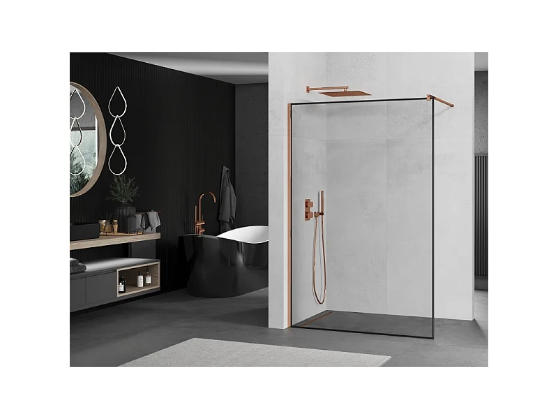 Mexen Kioto Duschwand Walk-in 130 x 200 cm, schwarzer Rahmen 8 mm, Roségold - 800-130-101-60-70
