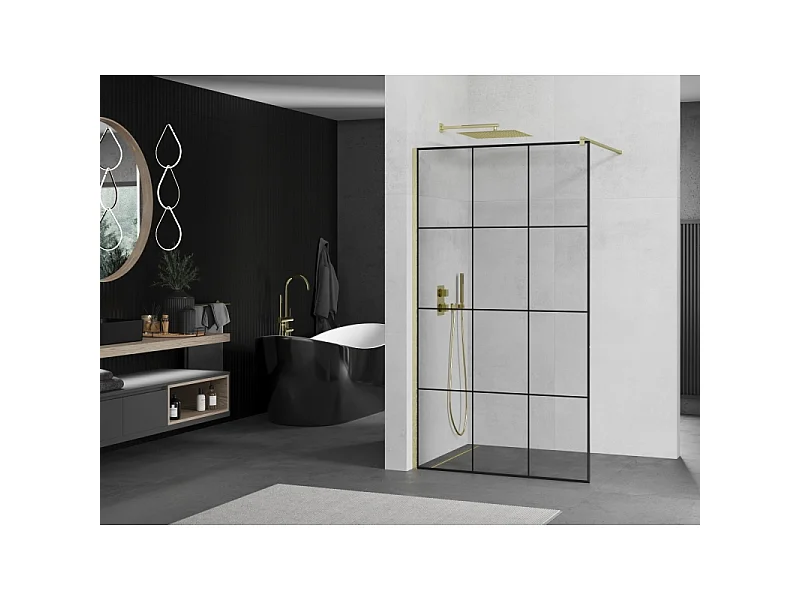 Mexen Kioto Mampara de ducha Walk-in 100 x 200 cm, rejilla negra 8 mm, dorada cepillada - 800-100-101-55-77