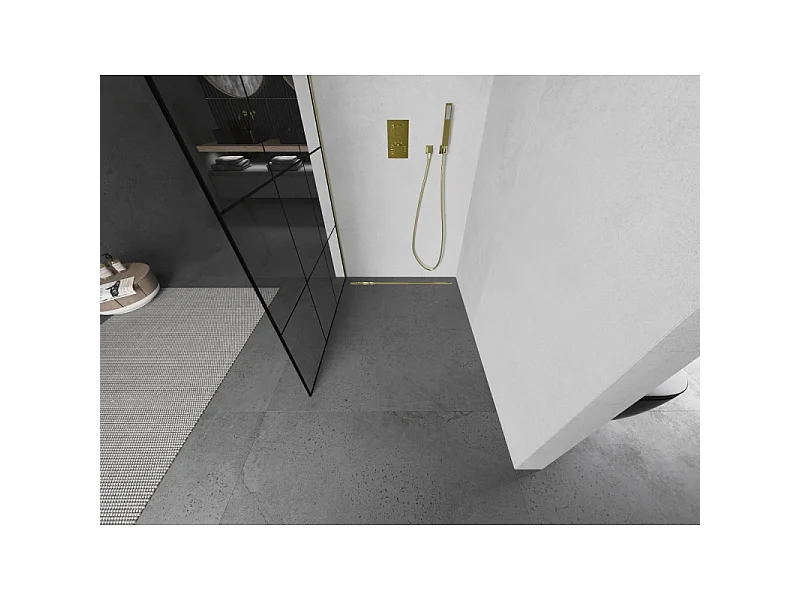 Mexen Kioto Mampara de ducha Walk-in 100 x 200 cm, rejilla negra 8 mm, dorada cepillada - 800-100-101-55-77