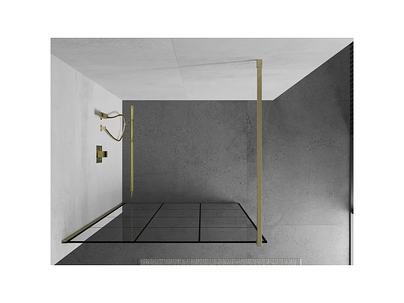 Mexen Kioto Mampara de ducha Walk-in 100 x 200 cm, rejilla negra 8 mm, dorada cepillada - 800-100-101-55-77